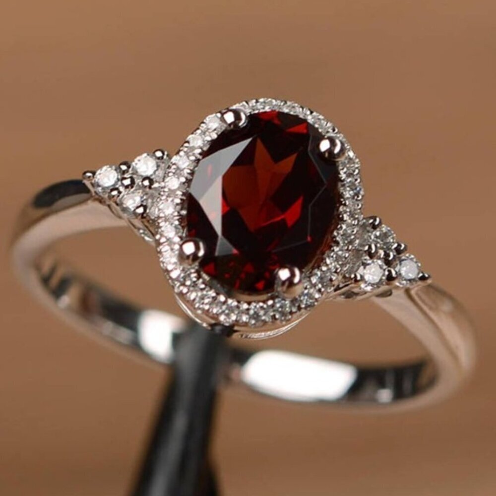 Oval Garnet and Moissanite Halo Ring in Sterling Silver - Picture 3 of 4